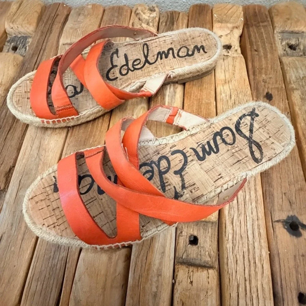 Sam Edelman Averie Orange Leather Strappy Espadrille Slide Sandals Womens 8.5M